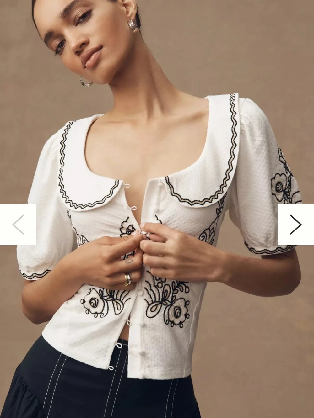 Anthropologie White Blouse with Black Embroidery